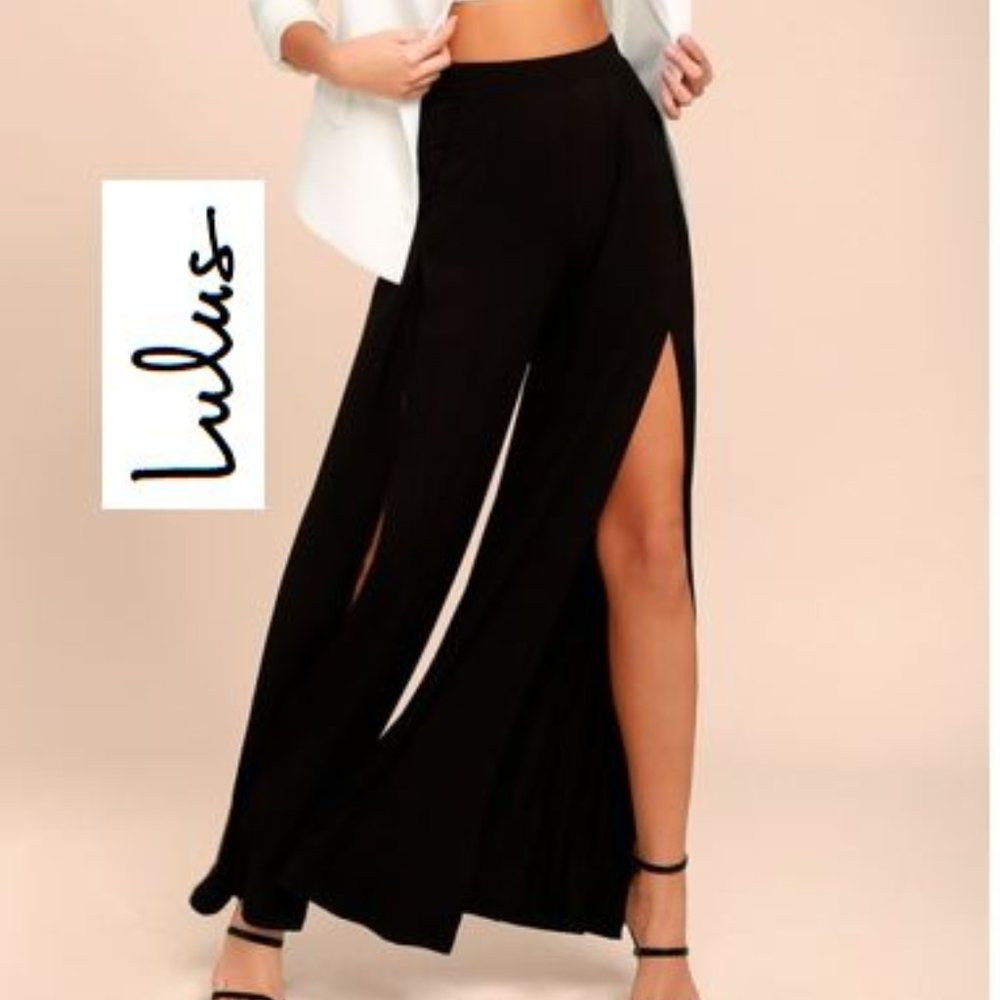 Lulu's Black Thigh Wide Slit Palazzo Pants